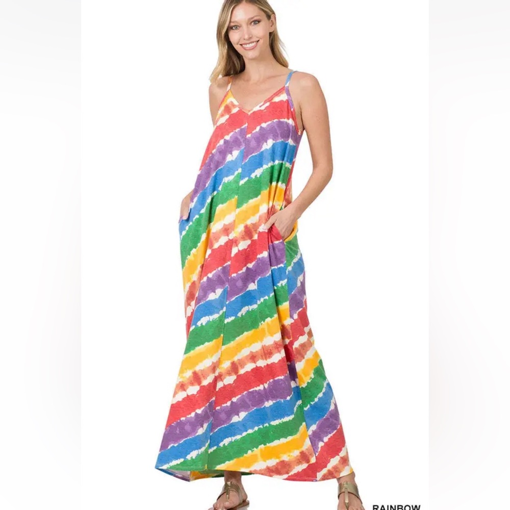 Zenana Tie Dye Rainbow Cami Maxi Dress size Large